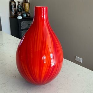 Vintage Murano orange red fire vase MCM art glass tear drop swirl hand blown